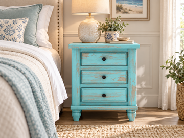 Turquoise distressed wood bedside table with three drawers and black knobs