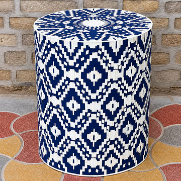 Handmade blue and white bone inlay round side table with geometric drum design