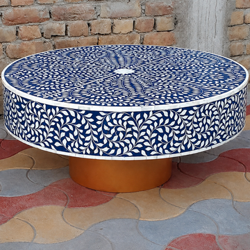 Blue Floral Vine Bone Inlay Round Coffee Table: A Handmade Mughal-Inspired Centerpiece for Luxury Living Rooms