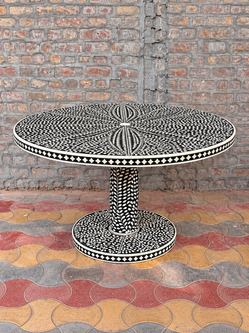 Handmade black and white bone inlay round dining table with pedestal base