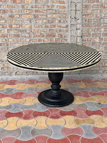 Black & White Bone Inlay Round Dining Table: Handmade Geometric Statement Furniture