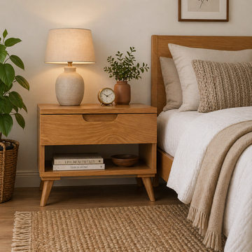 Mid Century Modern Bedside Table | Solid Wood Nightstand with Drawer & Shelf | Minimalist Wooden Side Table