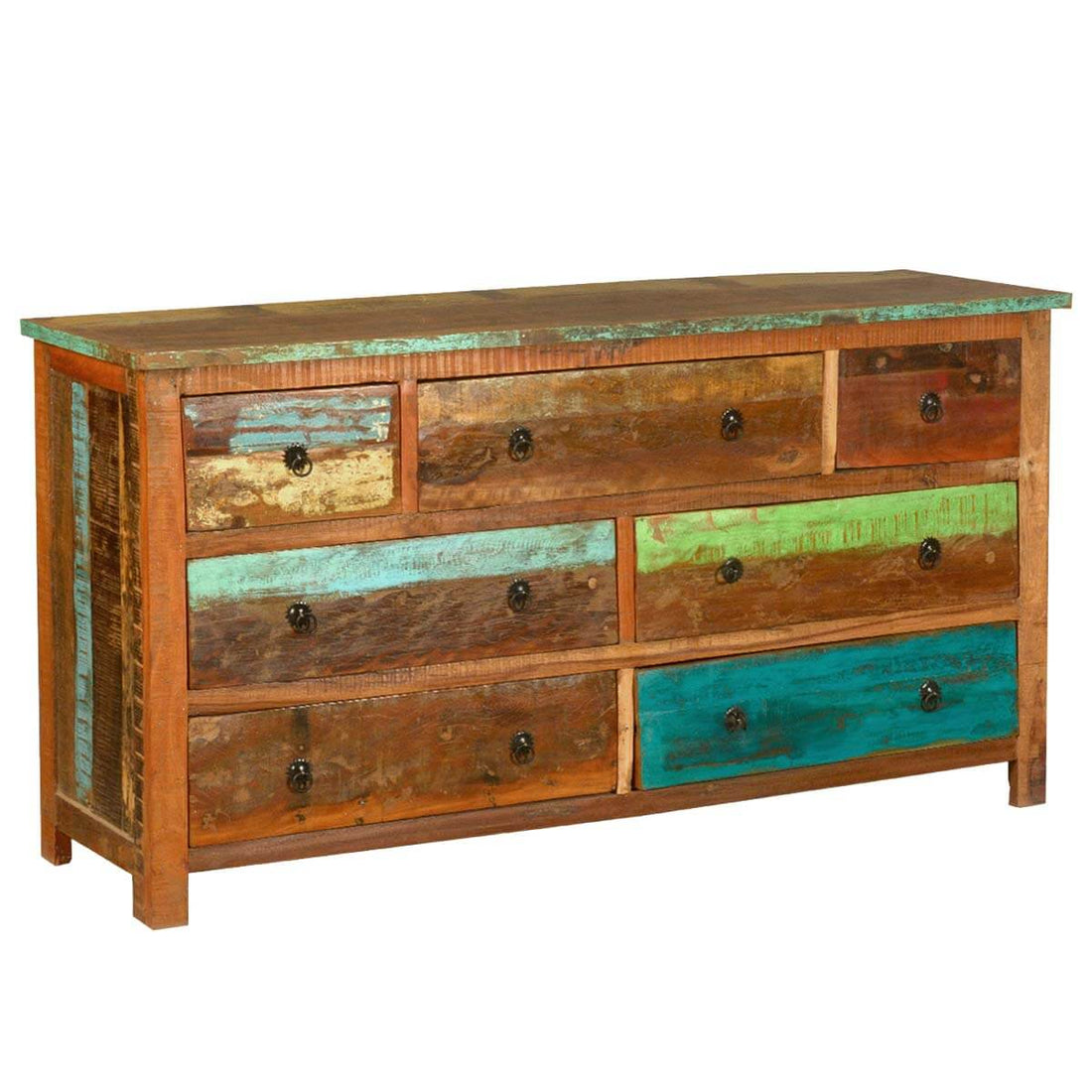 Reclaimed Wood 7 Drawer Dresser | Rustic Multicolor Chest of Drawers | Handmade Vintage Storage Cabinet