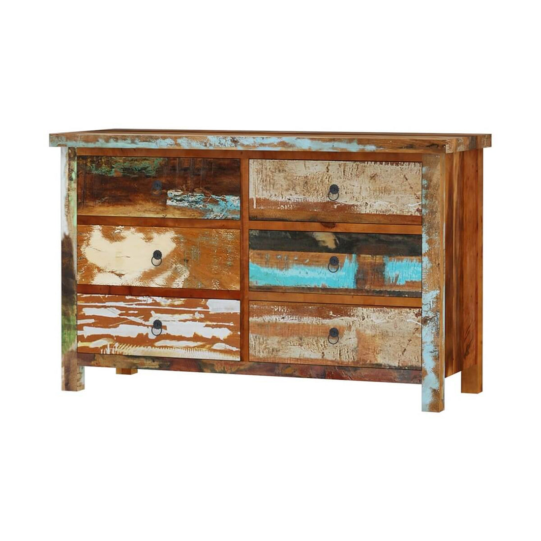 Reclaimed Wood 6 Drawer Dresser | Rustic Multicolor Wooden Chest of Drawers | Vintage Storage Cabinet