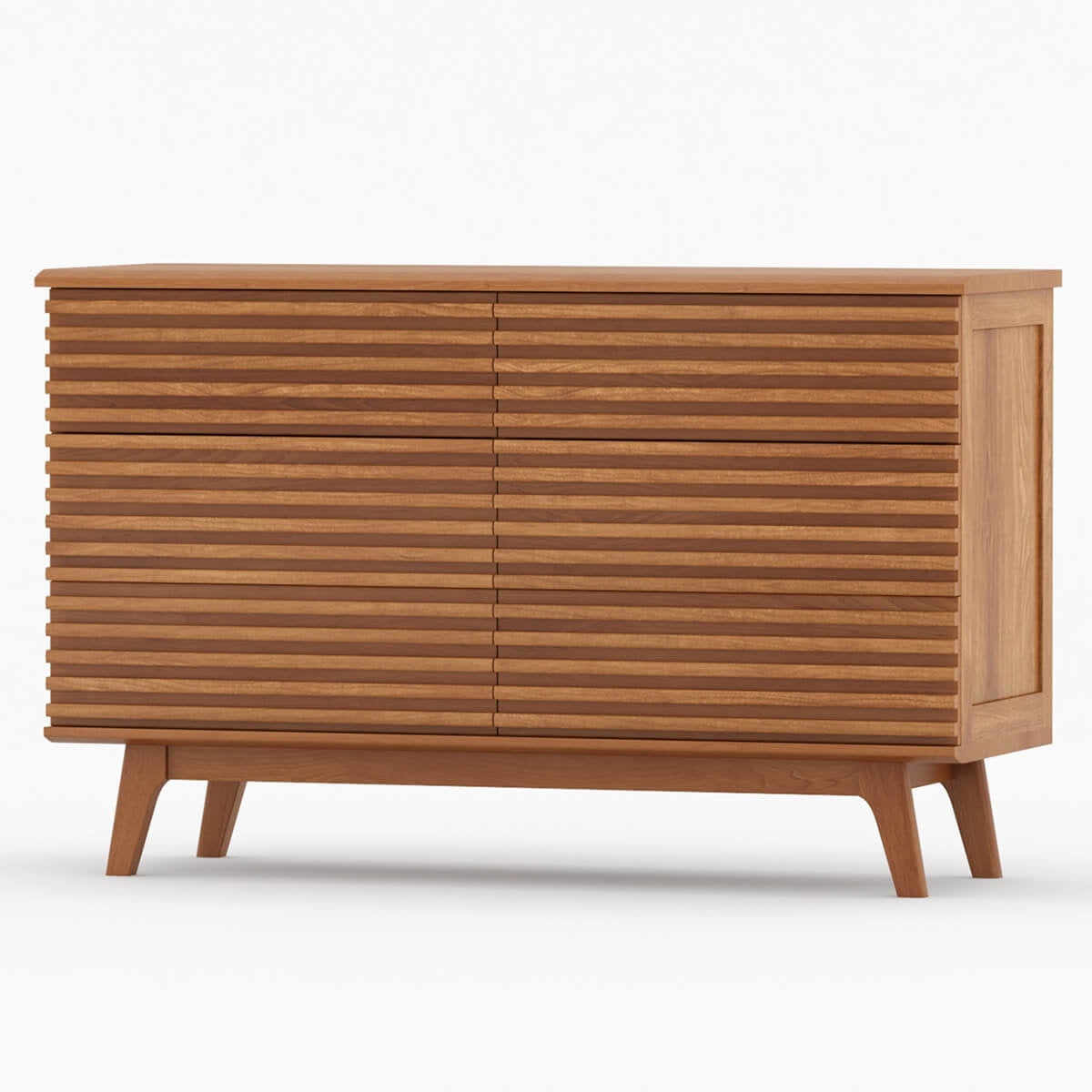 Mid Century Slatted Wood 6 Drawer Dresser | Teak Modern Chest of Drawers | Retro Bedroom Storage Cabinet