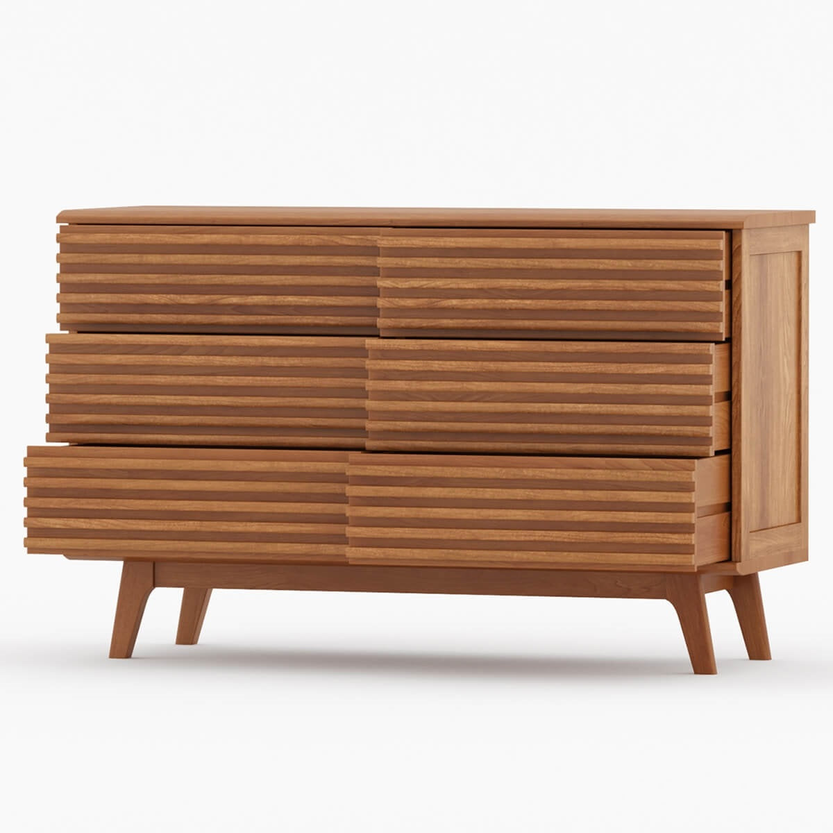 Mid Century Slatted Wood 6 Drawer Dresser | Teak Modern Chest of Drawers | Retro Bedroom Storage Cabinet