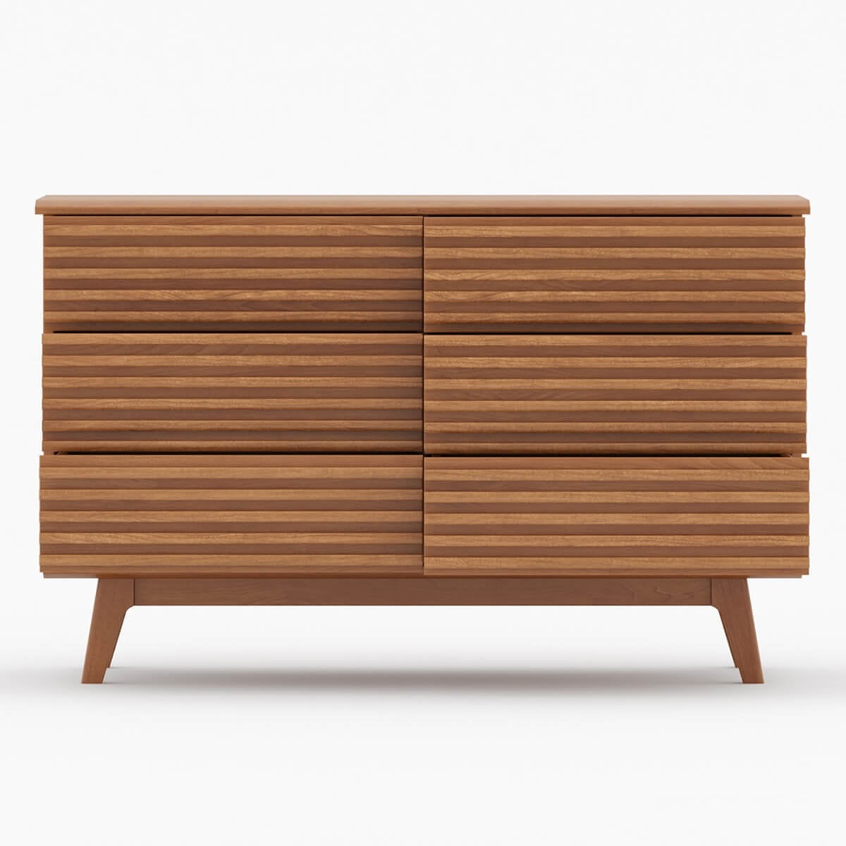 Mid Century Slatted Wood 6 Drawer Dresser | Teak Modern Chest of Drawers | Retro Bedroom Storage Cabinet