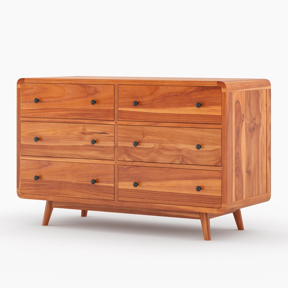 Mid Century Modern Teak Solid Wood 6 Drawer Dresser | Scandinavian Wooden Chest of Drawers | Minimalist Bedroom Storage Cabinet