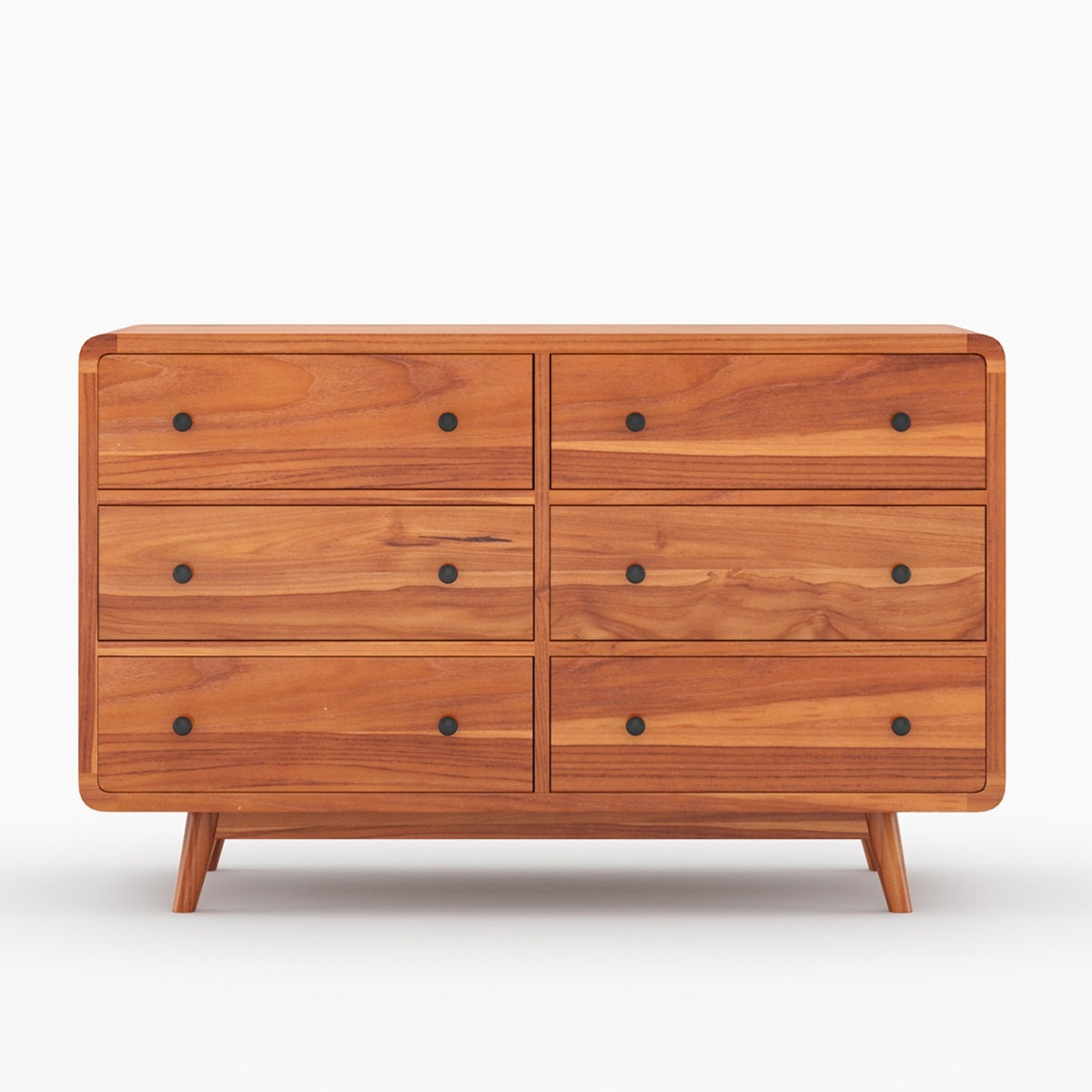 Mid Century Modern Teak Solid Wood 6 Drawer Dresser | Scandinavian Wooden Chest of Drawers | Minimalist Bedroom Storage Cabinet