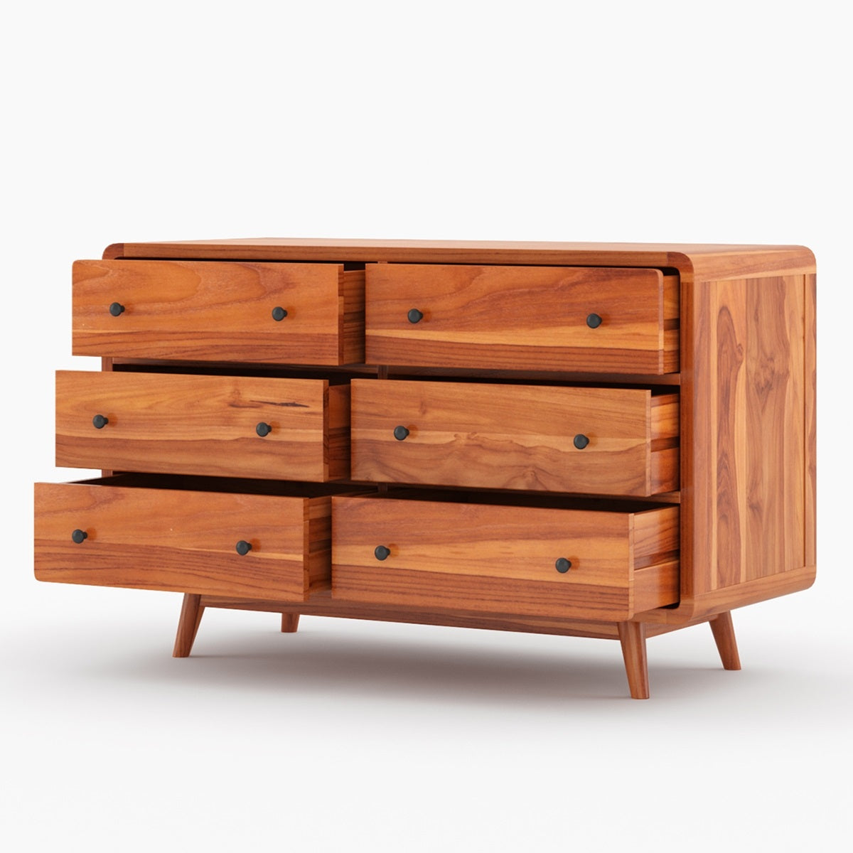 Mid Century Modern Teak Solid Wood 6 Drawer Dresser | Scandinavian Wooden Chest of Drawers | Minimalist Bedroom Storage Cabinet