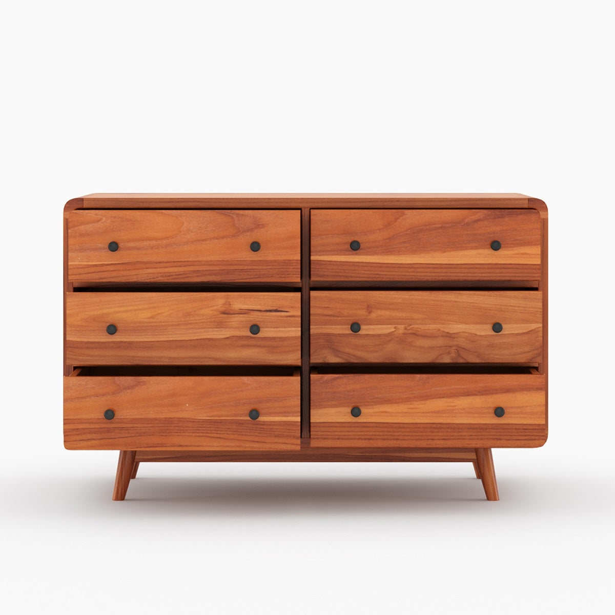 Mid Century Modern Teak Solid Wood 6 Drawer Dresser | Scandinavian Wooden Chest of Drawers | Minimalist Bedroom Storage Cabinet