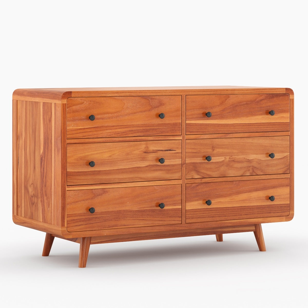 Mid Century Modern Teak Solid Wood 6 Drawer Dresser | Scandinavian Wooden Chest of Drawers | Minimalist Bedroom Storage Cabinet