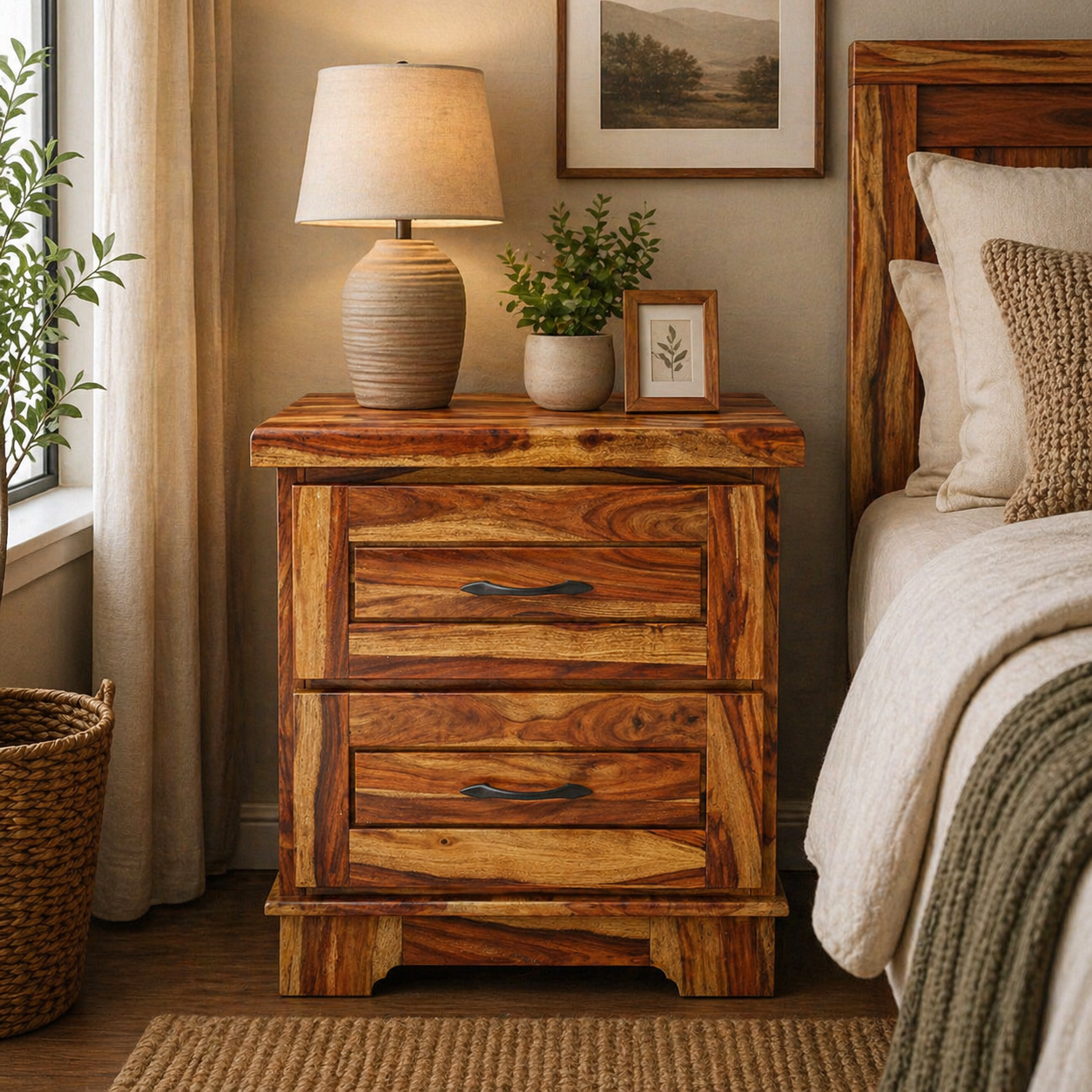 Solid Wood 2 Drawer Nightstand – Handmade Wooden Bedside Table, Rustic Modern Side Cabinet, Natural Wood Bedroom Furniture