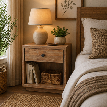 Solid Wood Bedside Table with Drawer & Open Shelf | Modern Wooden Nightstand | Handmade Rustic Side Table | Bedroom Storage Furniture