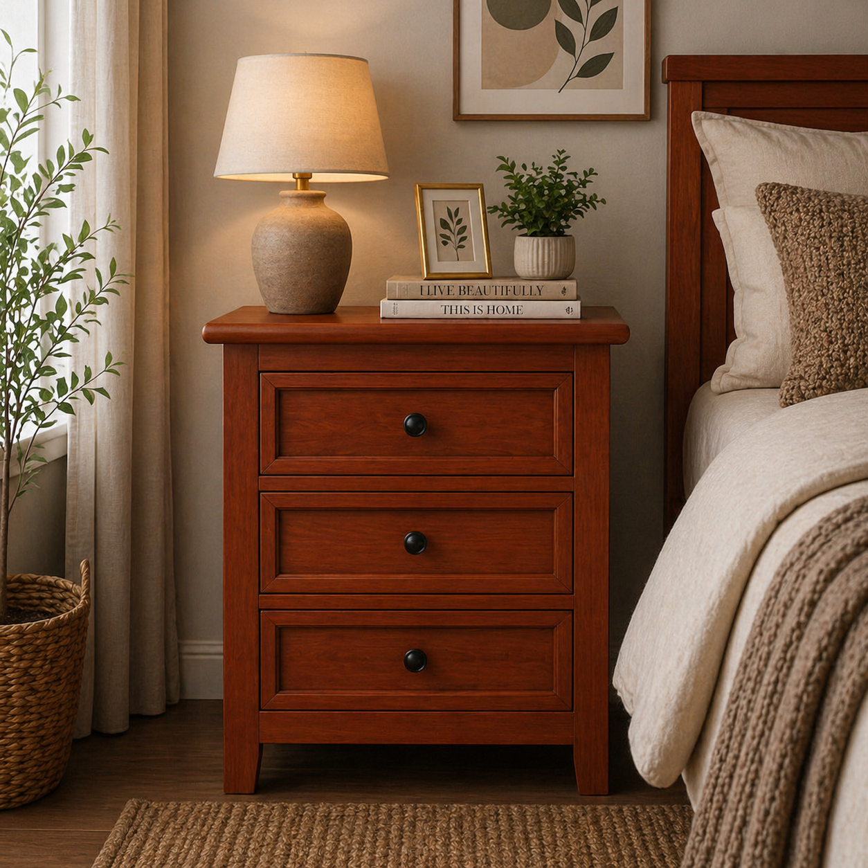 Luxury Solid Wood 3 Drawer Nightstand – Modern Wooden Bedside Table, Handmade Bedroom Side Cabinet, Rustic Storage Furniture