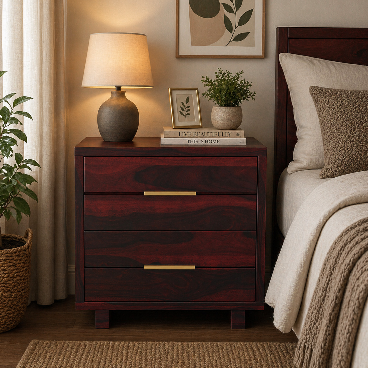 Luxury Solid Wood Bedside Table with 3 Drawers | Modern Dark Wood Nightstand | Minimalist Bedroom Side Table