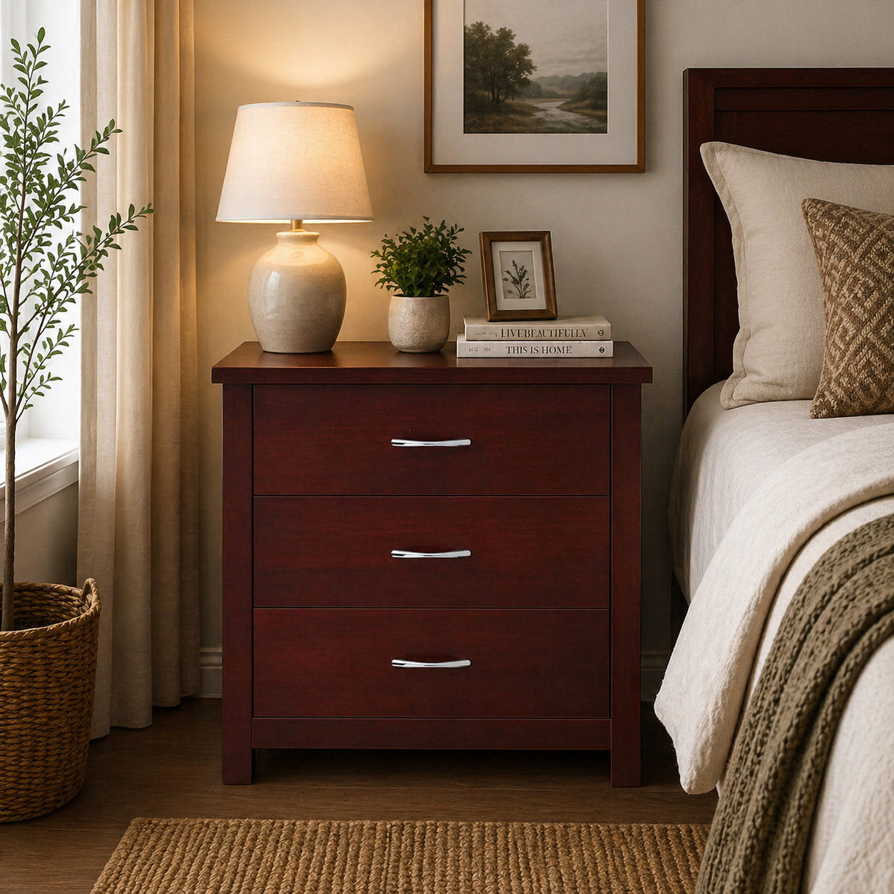Solid Wood 3 Drawer Bedside Table | Modern Minimalist Nightstand | Wooden Bedroom Side Cabinet with Storage