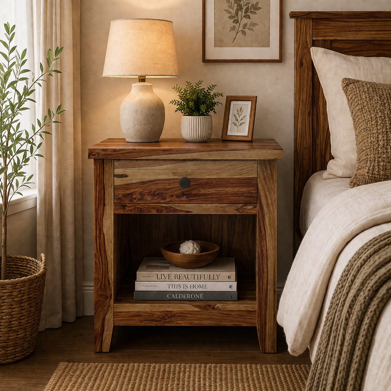 Solid Wood Bedside Table with Drawer & Open Shelf | Modern Rustic Nightstand | Wooden Bedroom Side Table