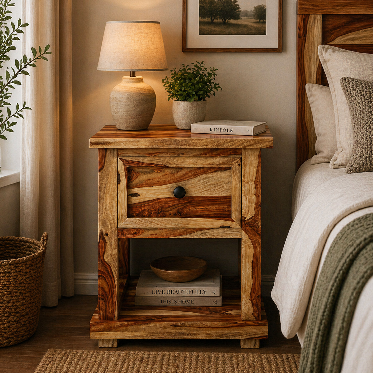Solid Wood Bedside Table with Drawer & Open Shelf | Rustic Natural Wood Nightstand | Modern Bedroom Side Table