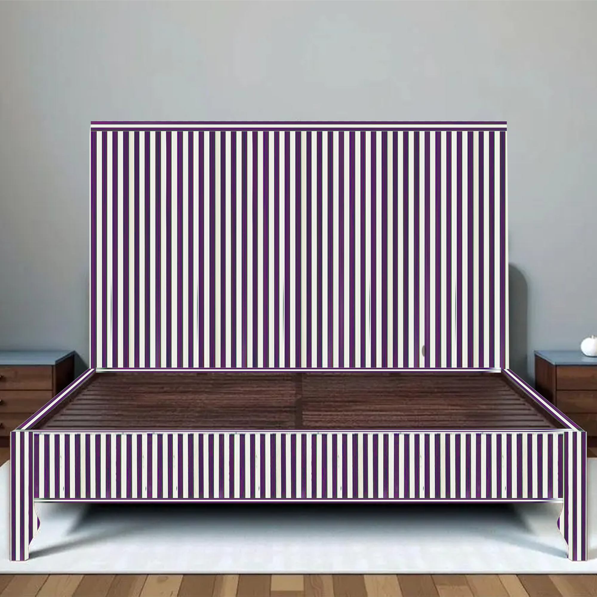 Black White Stripe Bone Inlay Bed Minimal Handmade Modern Platform Bed Frame