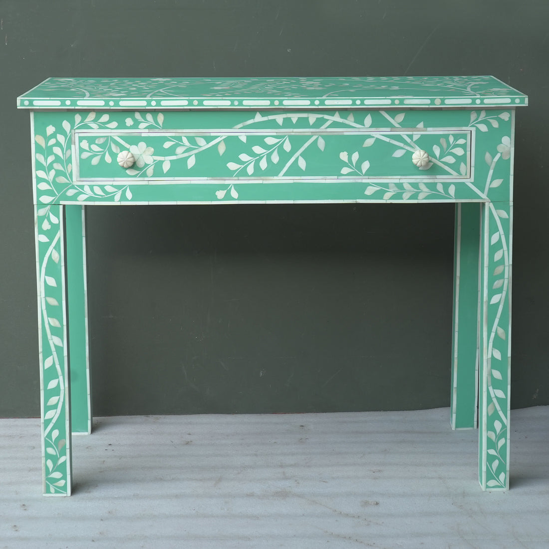 Handmade Bone Inlay Floral Console Table – Green White Entryway Table with Drawer, Luxury Hallway Furniture