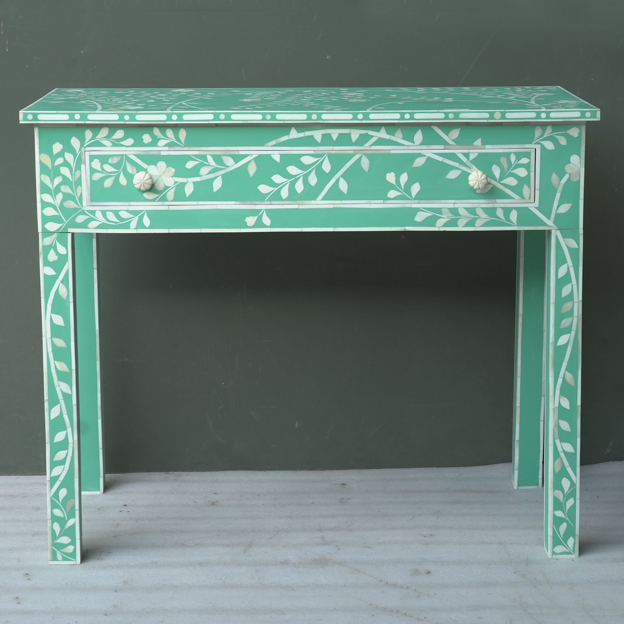 Handmade Bone Inlay Floral Console Table – Green White Entryway Table with Drawer, Luxury Hallway Furniture