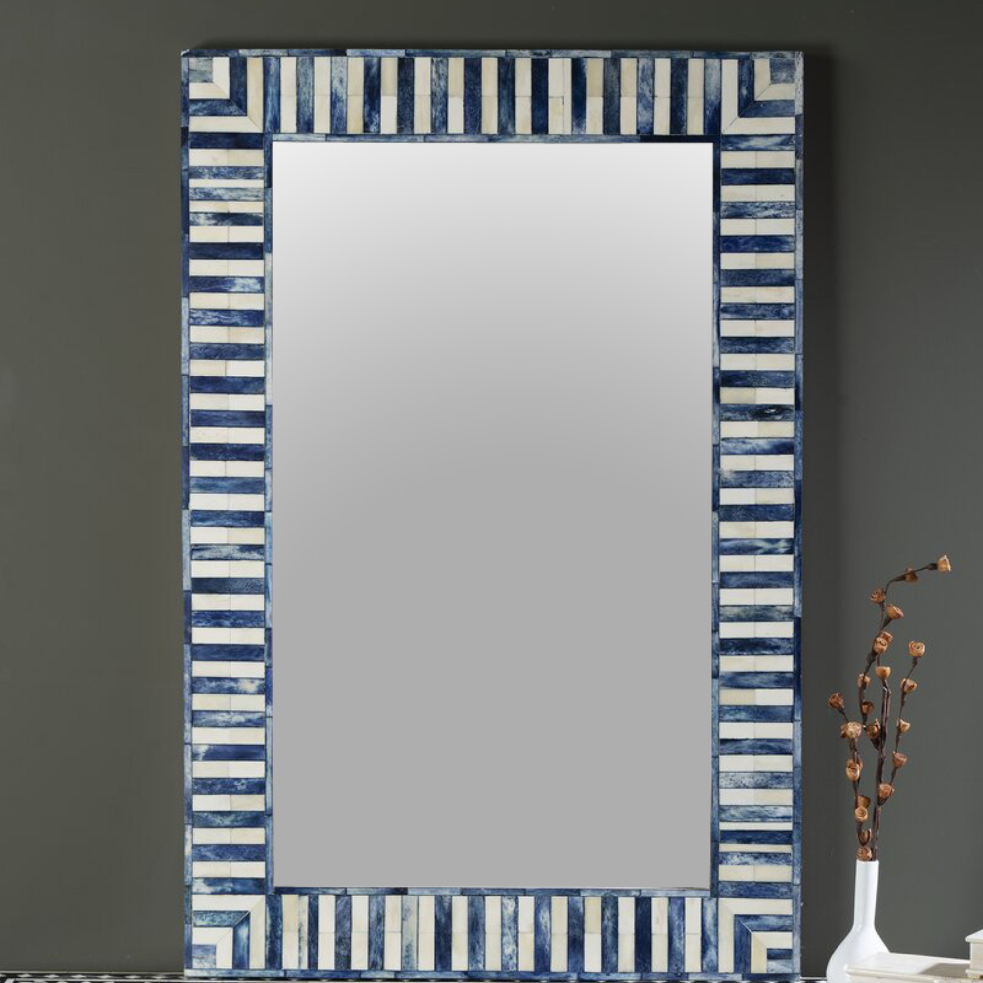 Handmade Blue Bone Inlay Mirror Frame | Luxury Striped Mosaic Wall Mirror | Indian Artisan Decorative Bathroom Vanity Mirror | Coastal Home Decor