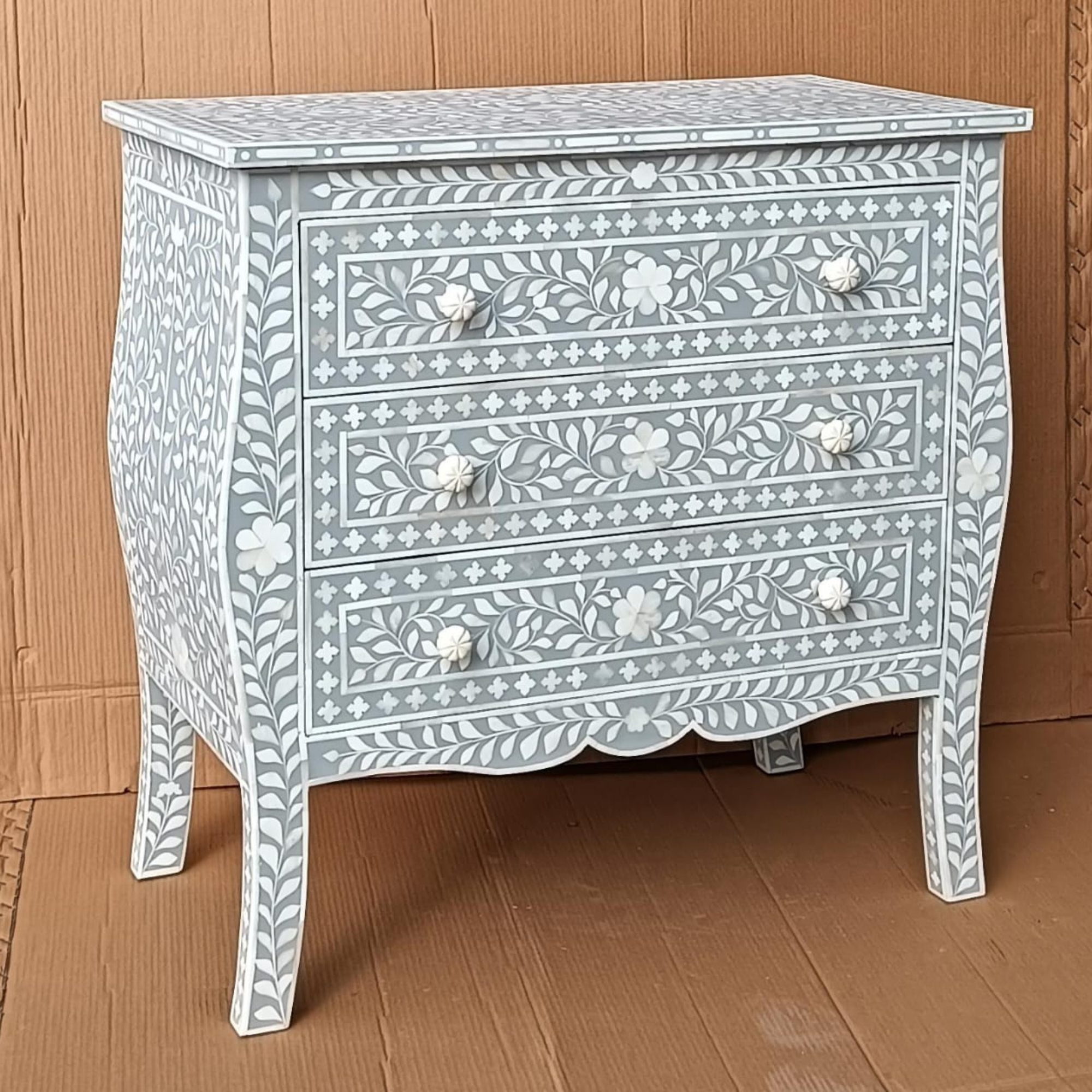 Handmade Grey Bone Inlay Sideboard Cabinet – Floral Pattern Storage Console