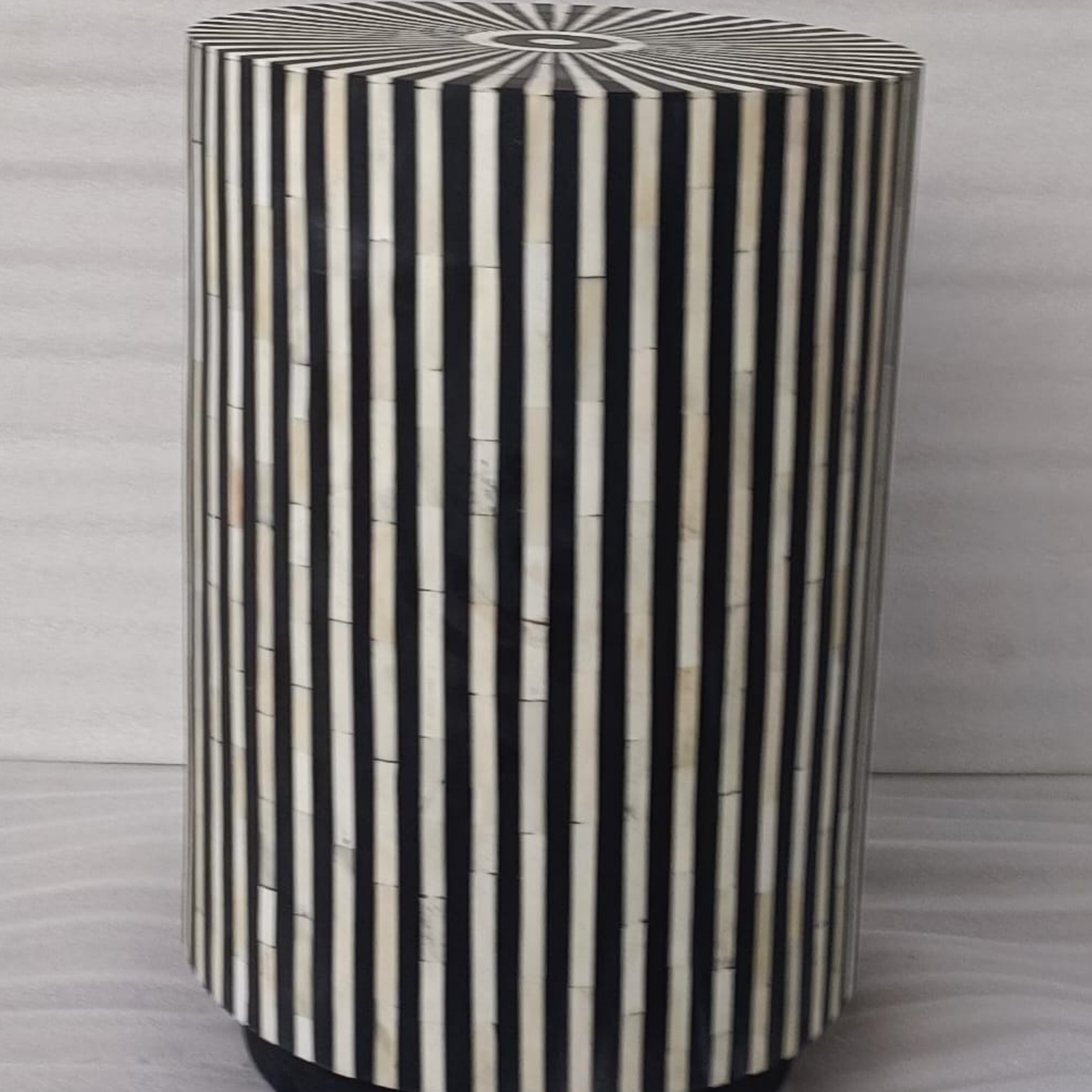 Black and White Bone Inlay End Table | Handmade Striped Round Accent Table