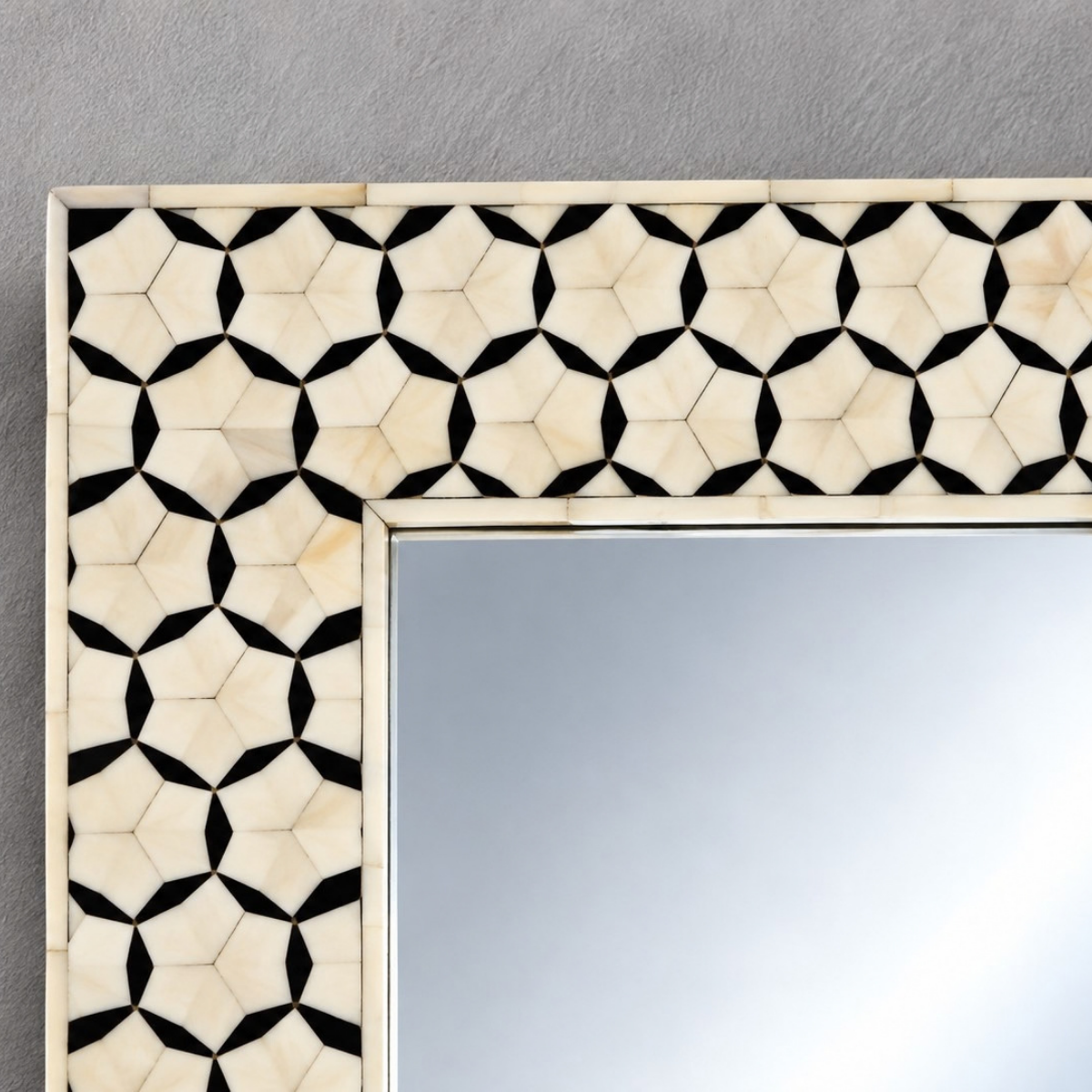 Handmade Black & Ivory Bone Inlay Mirror – Geometric Rectangular Wall Mirror