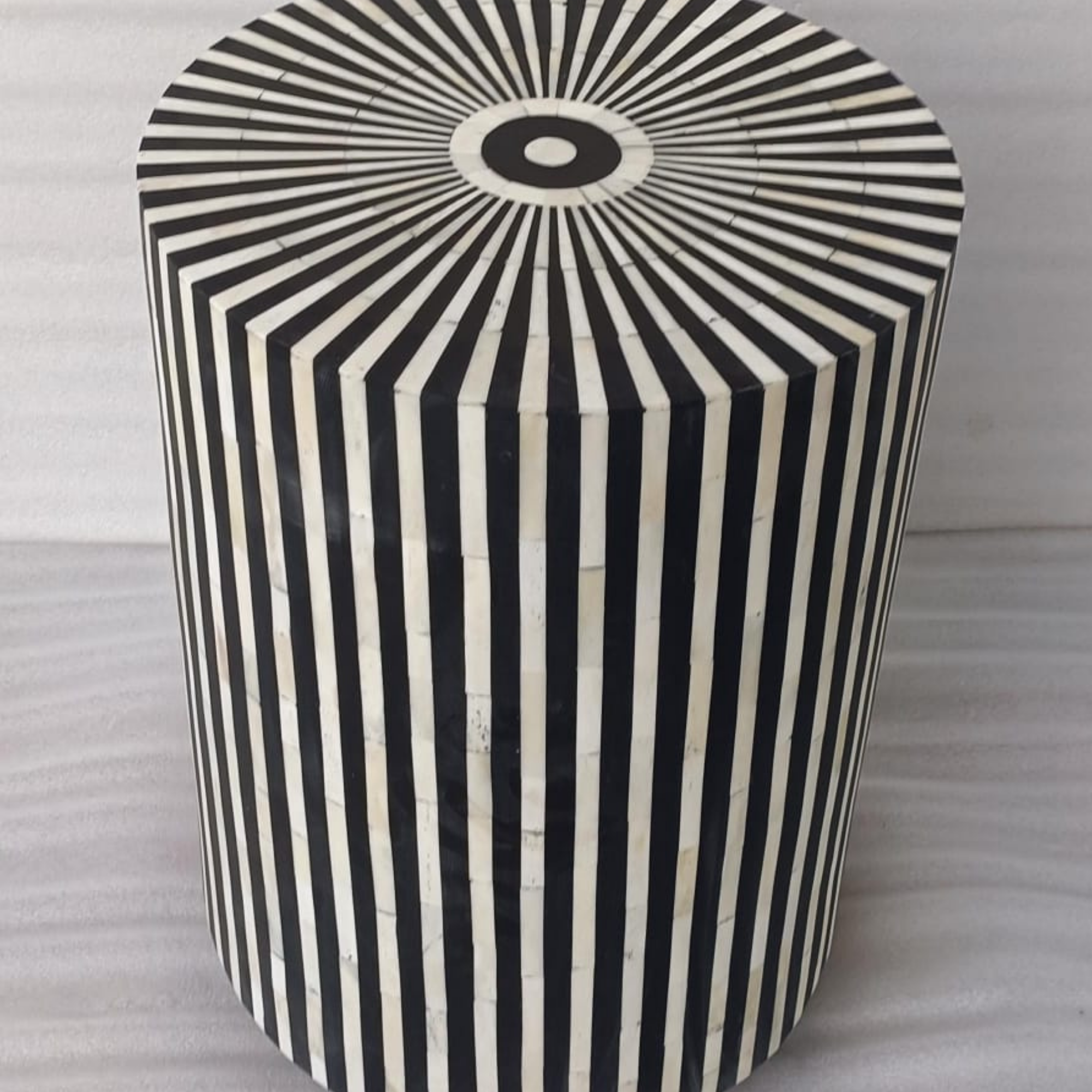 Black and White Bone Inlay End Table | Handmade Striped Round Accent Table