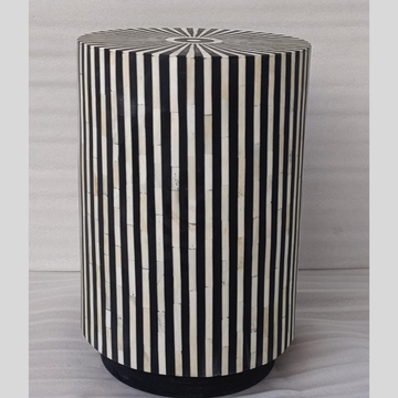 Black and White Bone Inlay End Table | Handmade Striped Round Accent Table