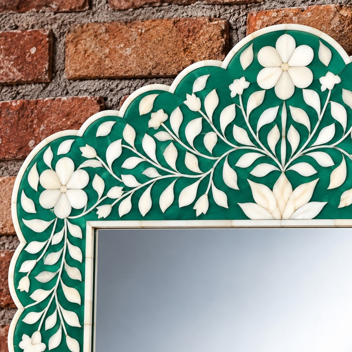 Handmade Emerald Green Floral Bone Inlay Mirror – Scalloped Decorative Wall Mirror