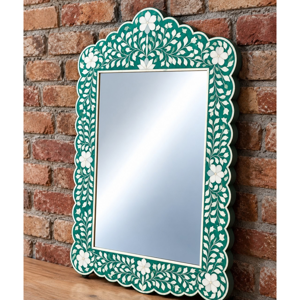 Handmade Emerald Green Floral Bone Inlay Mirror – Scalloped Decorative Wall Mirror