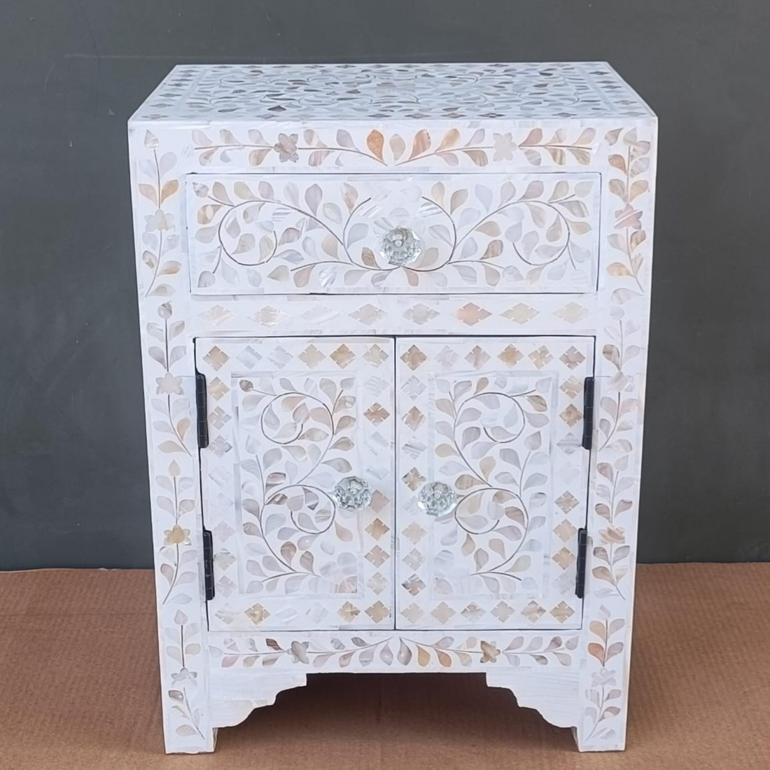 Handmade White Mother of Pearl Inlay Bedside Table with Drawer and Cabinet