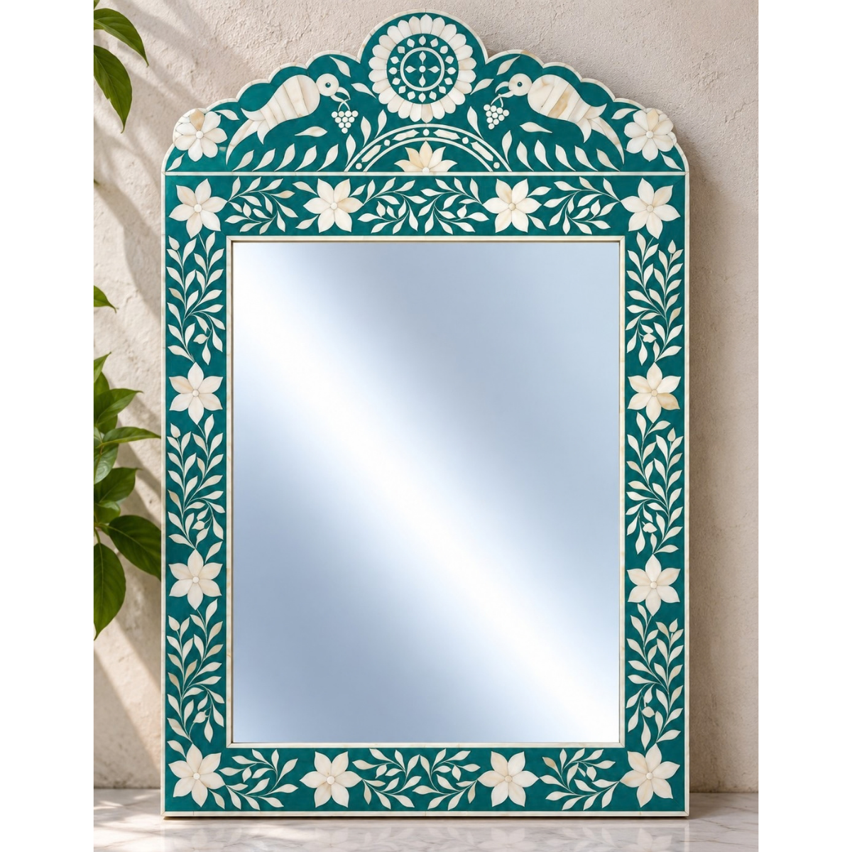 Handmade Teal Floral Bone Inlay Mirror – Bird & Floral Decorative Wall Mirror