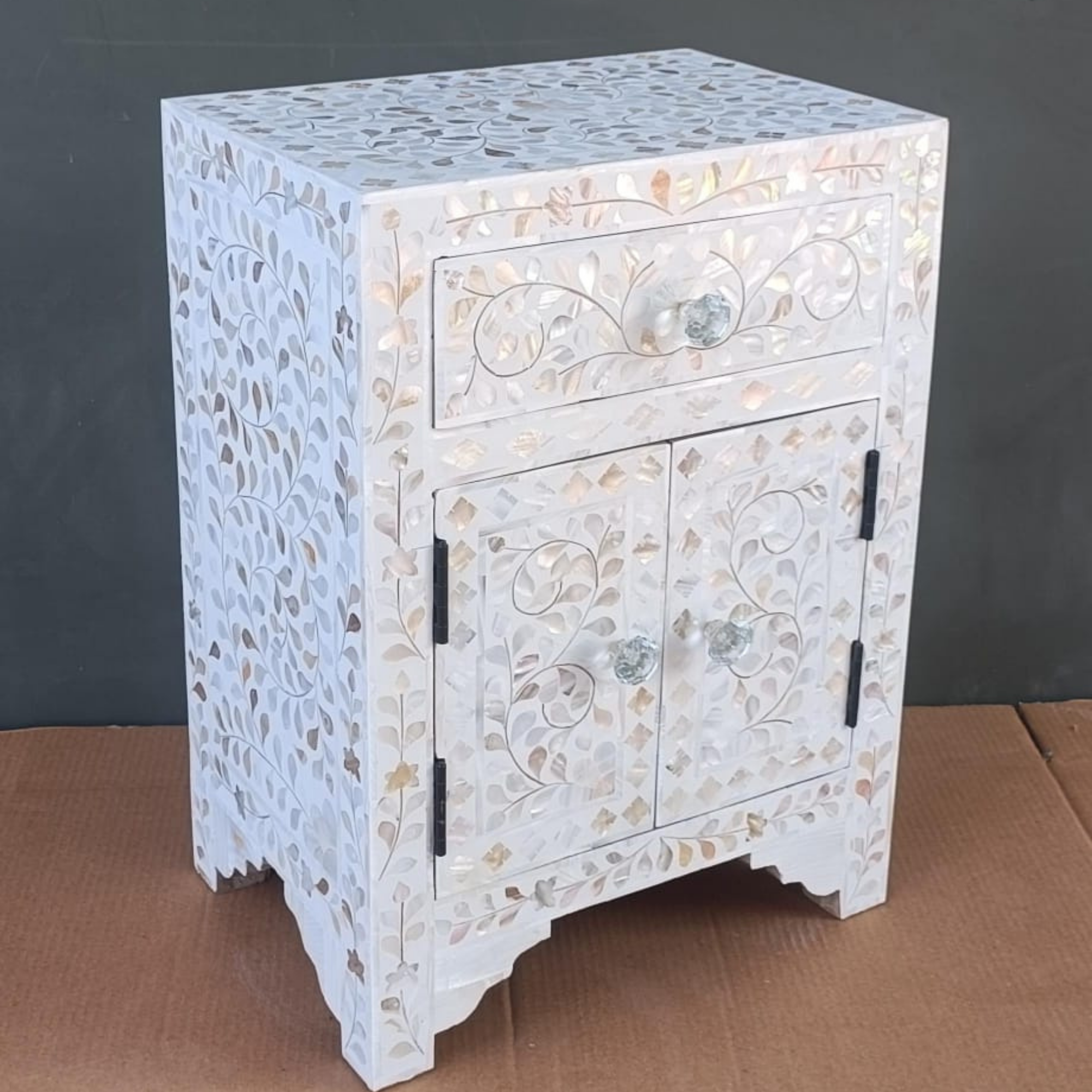 Handmade White Mother of Pearl Inlay Bedside Table with Drawer and Cabinet