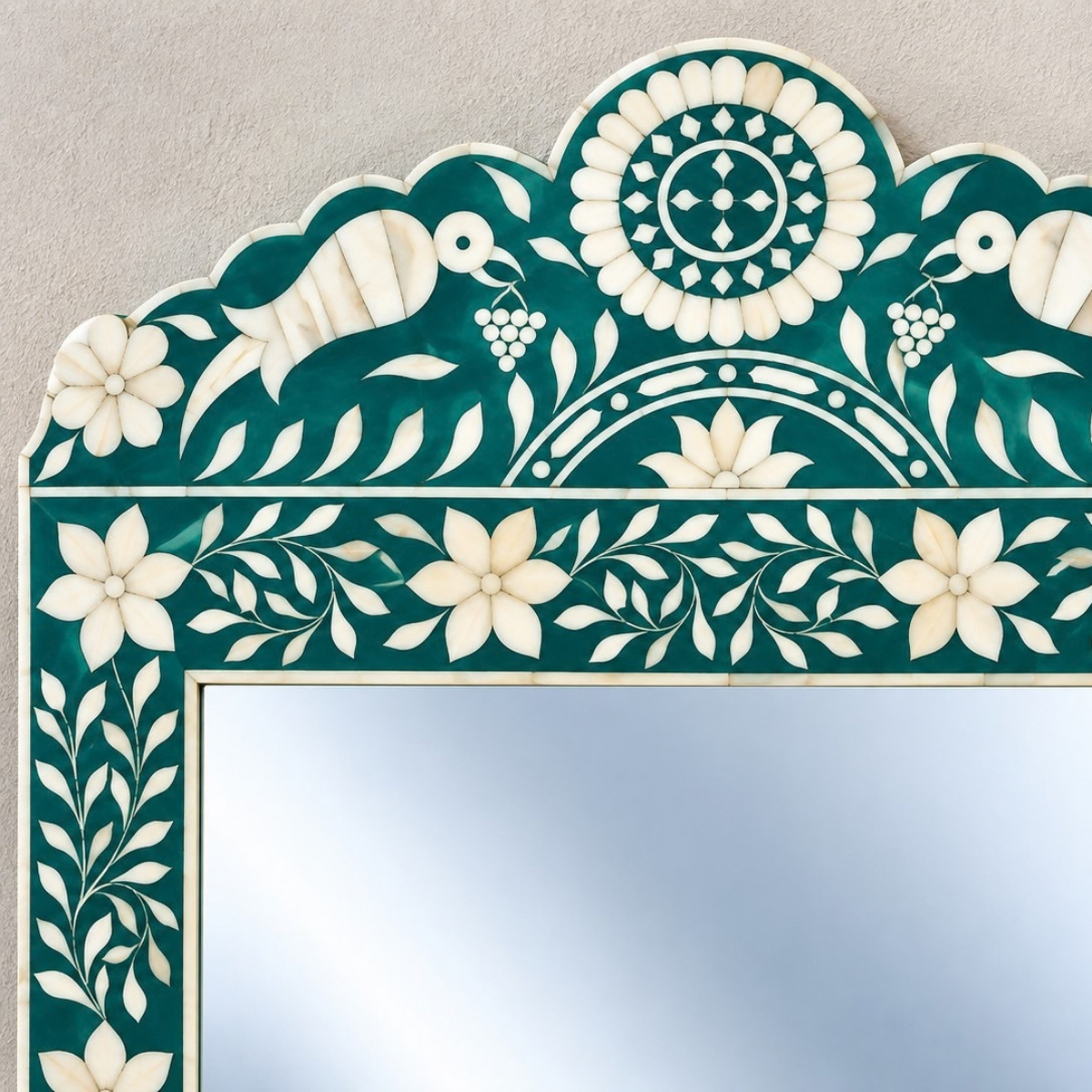 Handmade Teal Floral Bone Inlay Mirror – Bird & Floral Decorative Wall Mirror