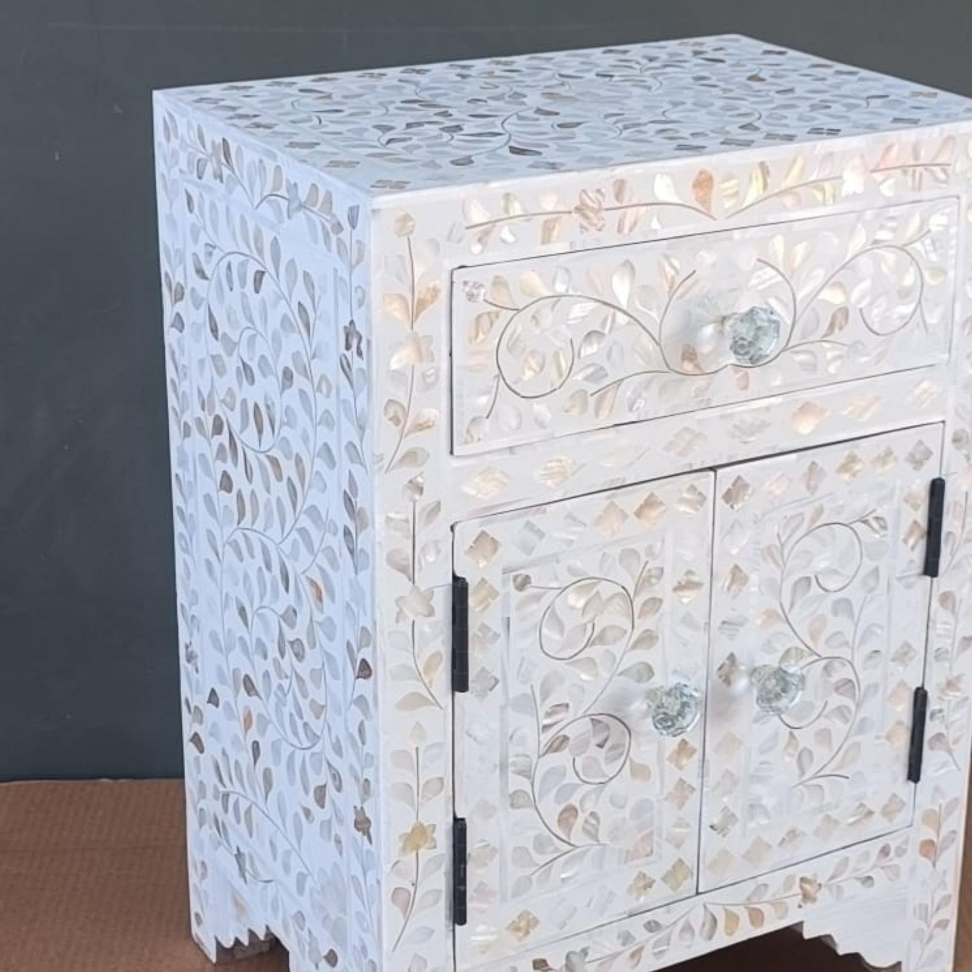 Handmade White Mother of Pearl Inlay Bedside Table with Drawer and Cabinet