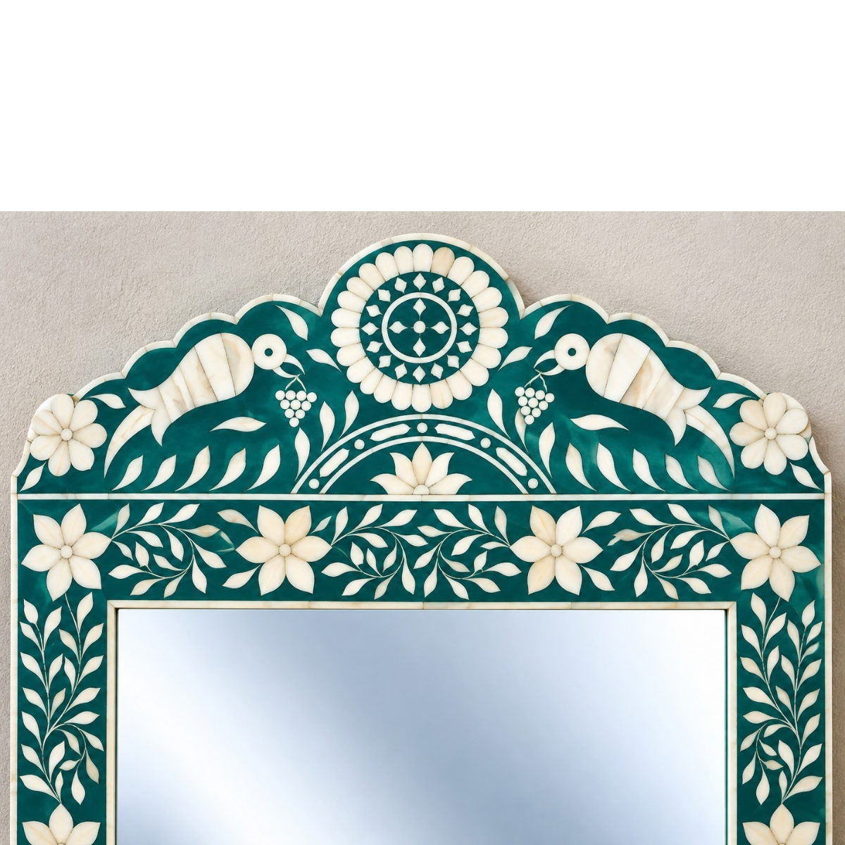 Handmade Teal Floral Bone Inlay Mirror – Bird & Floral Decorative Wall Mirror