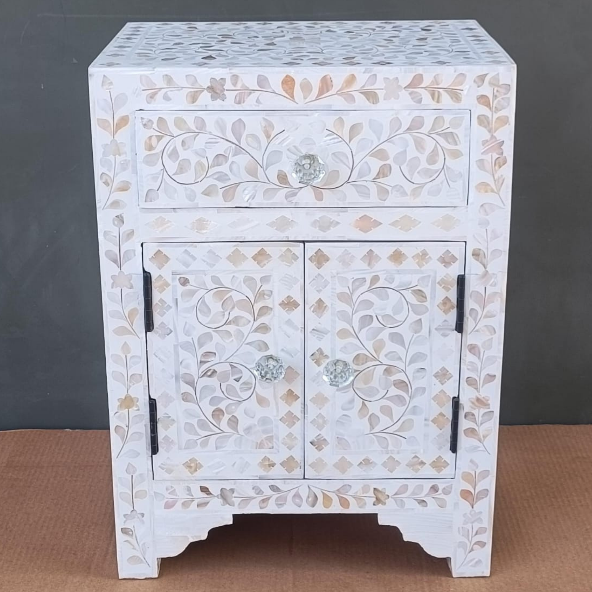 Handmade White Mother of Pearl Inlay Bedside Table with Drawer and Cabinet