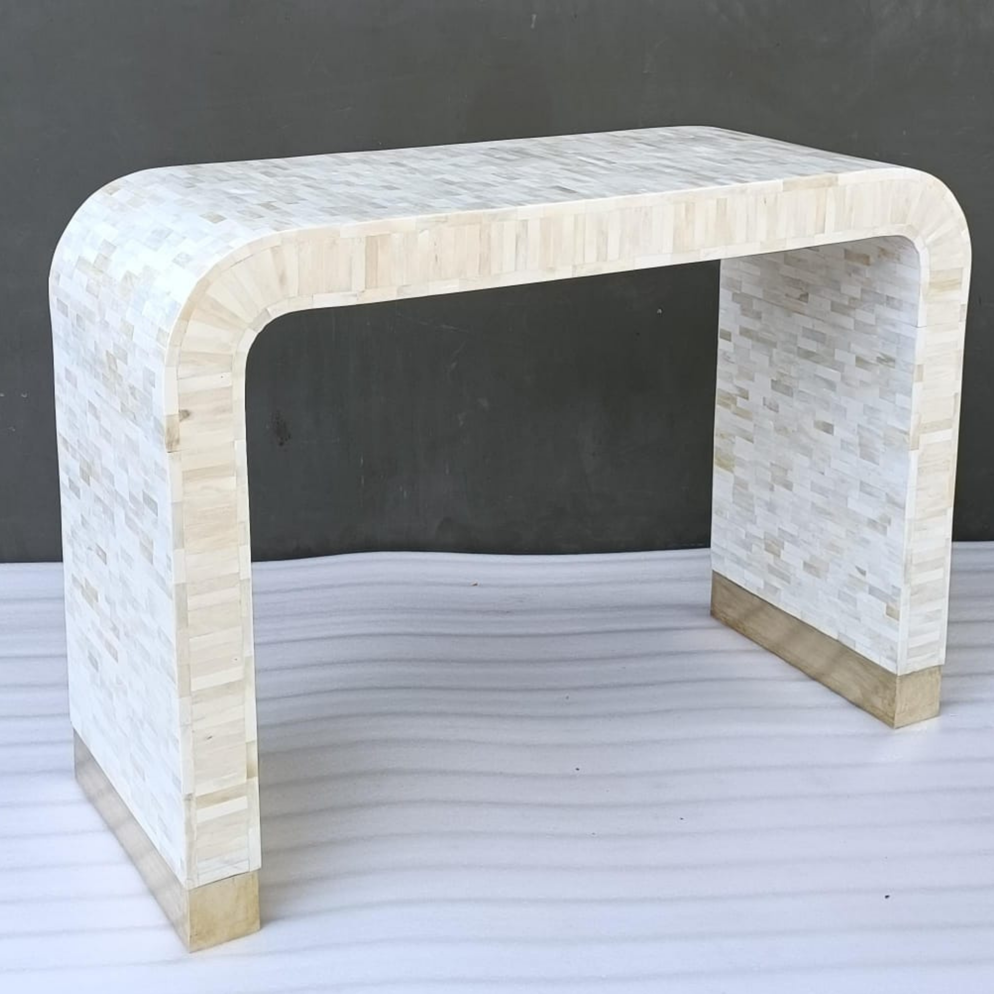White Bone Inlay Waterfall Console Table | Handmade Modern Entryway Table