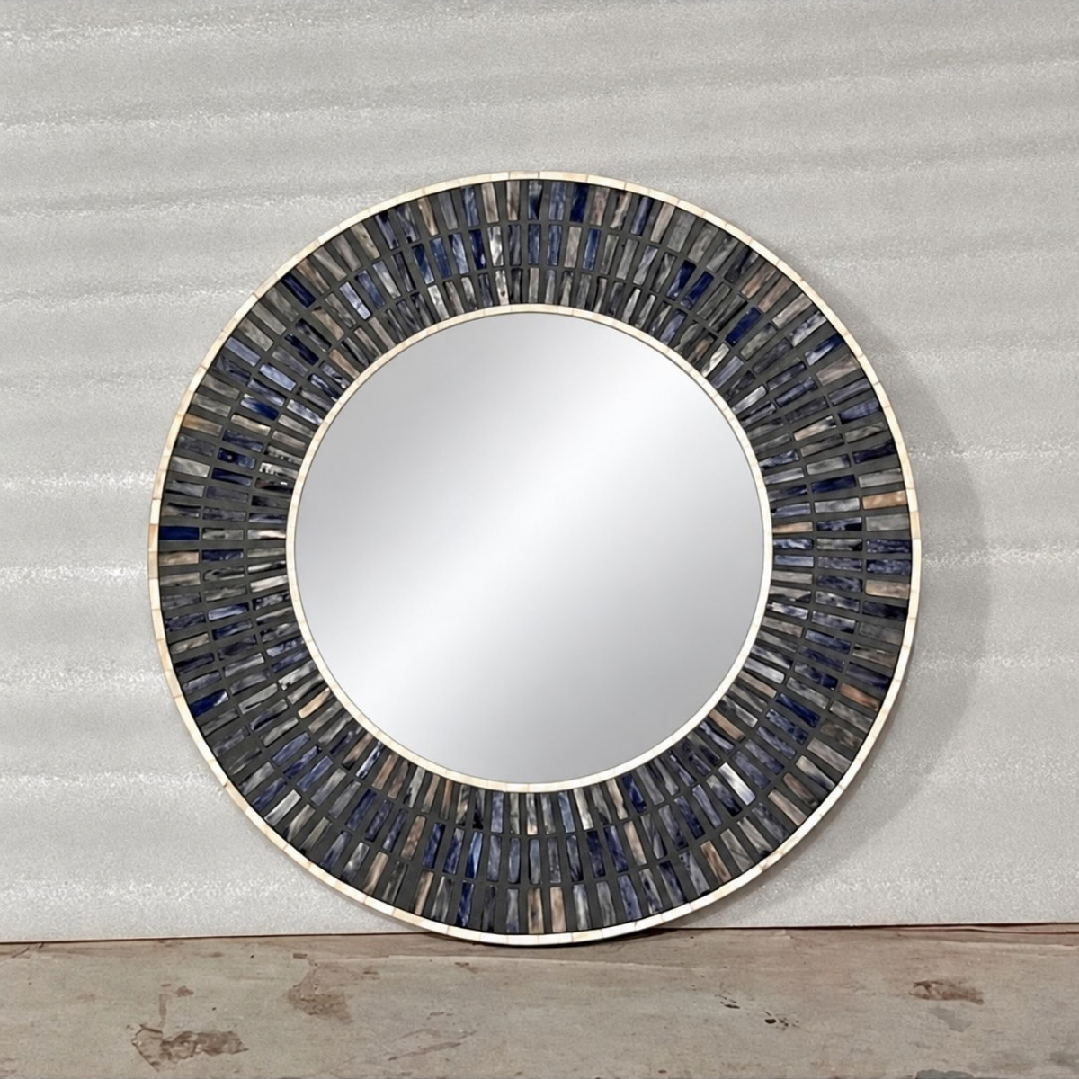 Handmade Grey Geometric Round Wall Mirror – Mosaic Sunburst Design