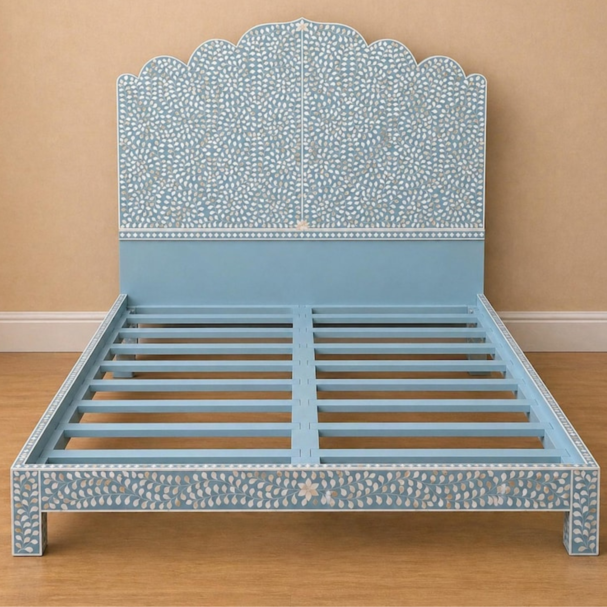Sky Blue Mother of Pearl Inlay Bed – Scalloped Platform Bed Frame