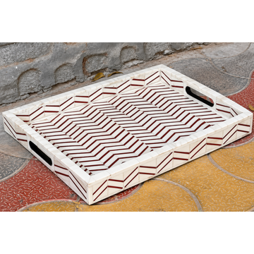 Handmade Red & White Bone Inlay Serving Tray – Chevron Geometric Design