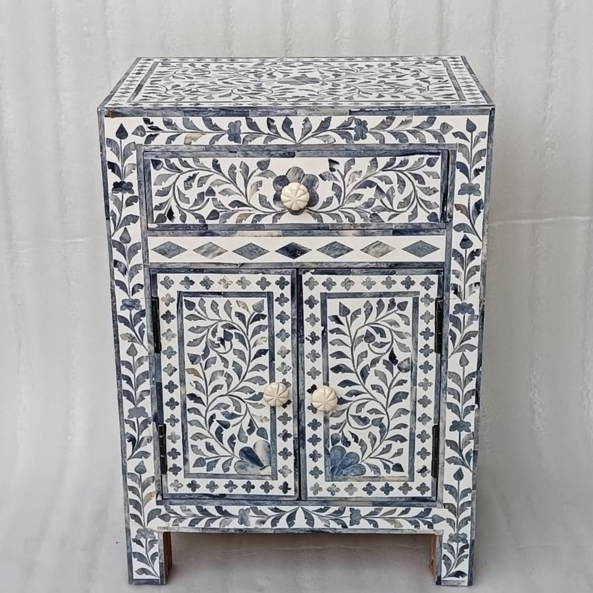 Handmade Blue Bone Inlay Bedside Cabinet with Drawer & Doors