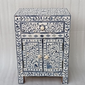 Handmade Blue Bone Inlay Bedside Cabinet with Drawer & Doors