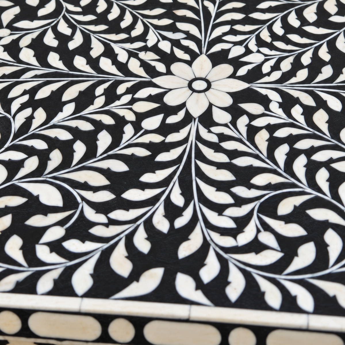 Handmade Black Bone Inlay 6 Drawer Tallboy Chest – Floral Design