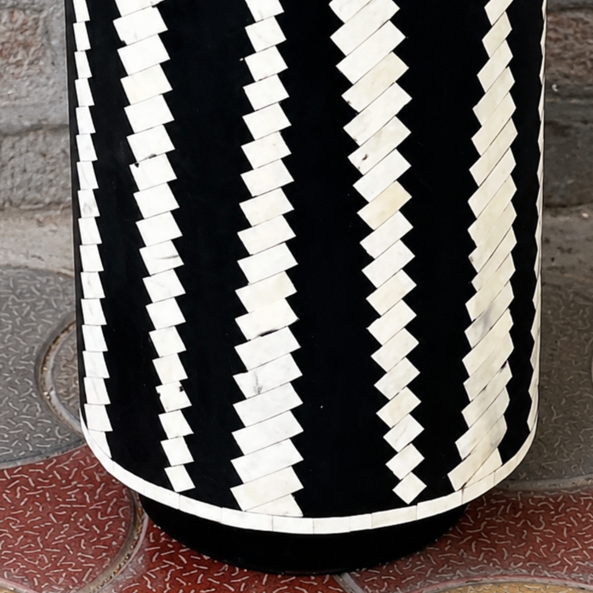 Handmade Black & White Bone Inlay Drum Side Table – Striped Geometric End Table