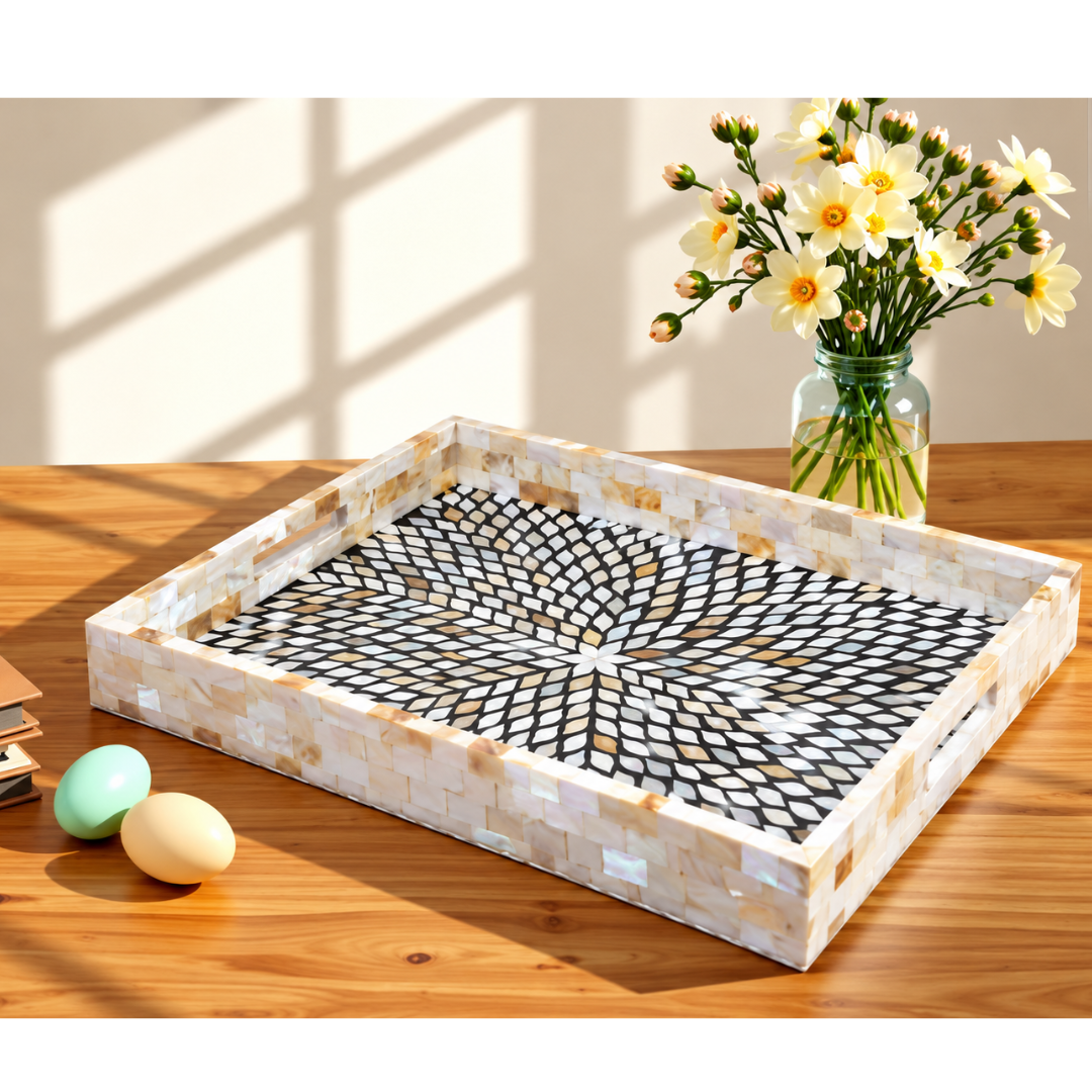 Black and white Mother of Pearl inlay rectangular serving tray with handmade sunburst geometric pattern